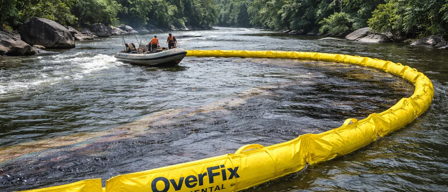 Barreira de contenção atravessando um rio de margem a margem, com mata dos dois lados