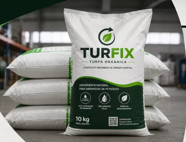Saco branco de 10 kg da Turfa Orgânica Turfix à frente de uma pilha de sacos iguais, dentro de um galpão