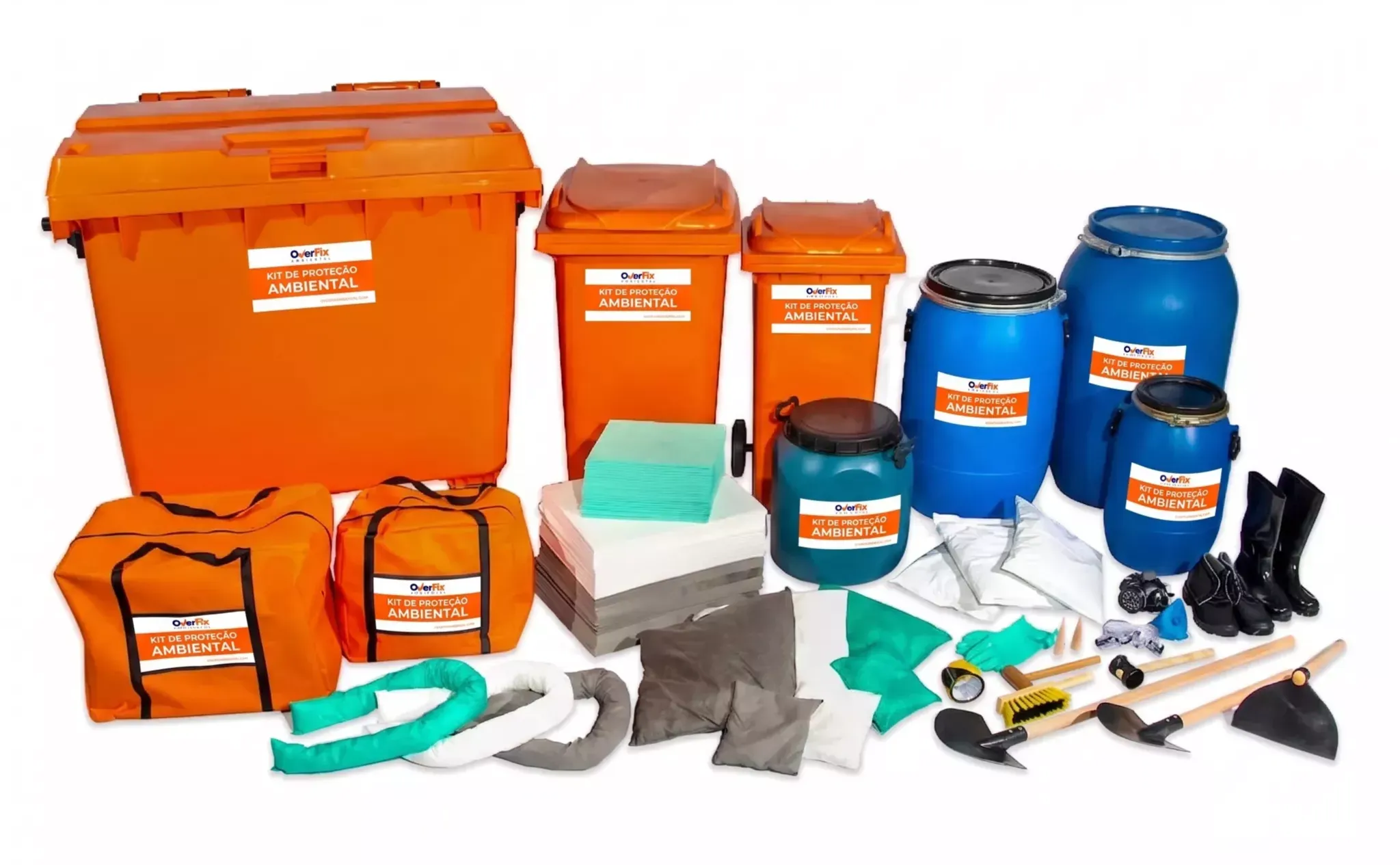 Os formatos do kit alinhados sobre fundo branco, da bolsa ao contêiner com rodas