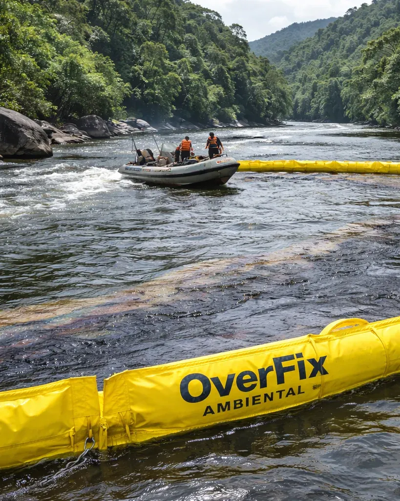 Bote com dois operadores rebocando uma barreira amarela em curva num rio de mata fechada, com a mancha de óleo contida por dentro