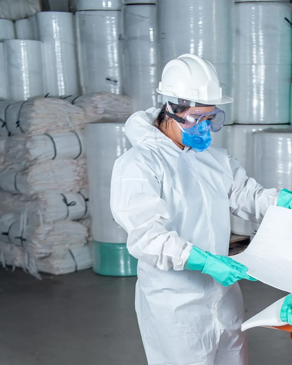Operadora de macacão branco, capacete e respirador estendendo uma manta absorvente no chão de um galpão, com os rolos do estoque atrás