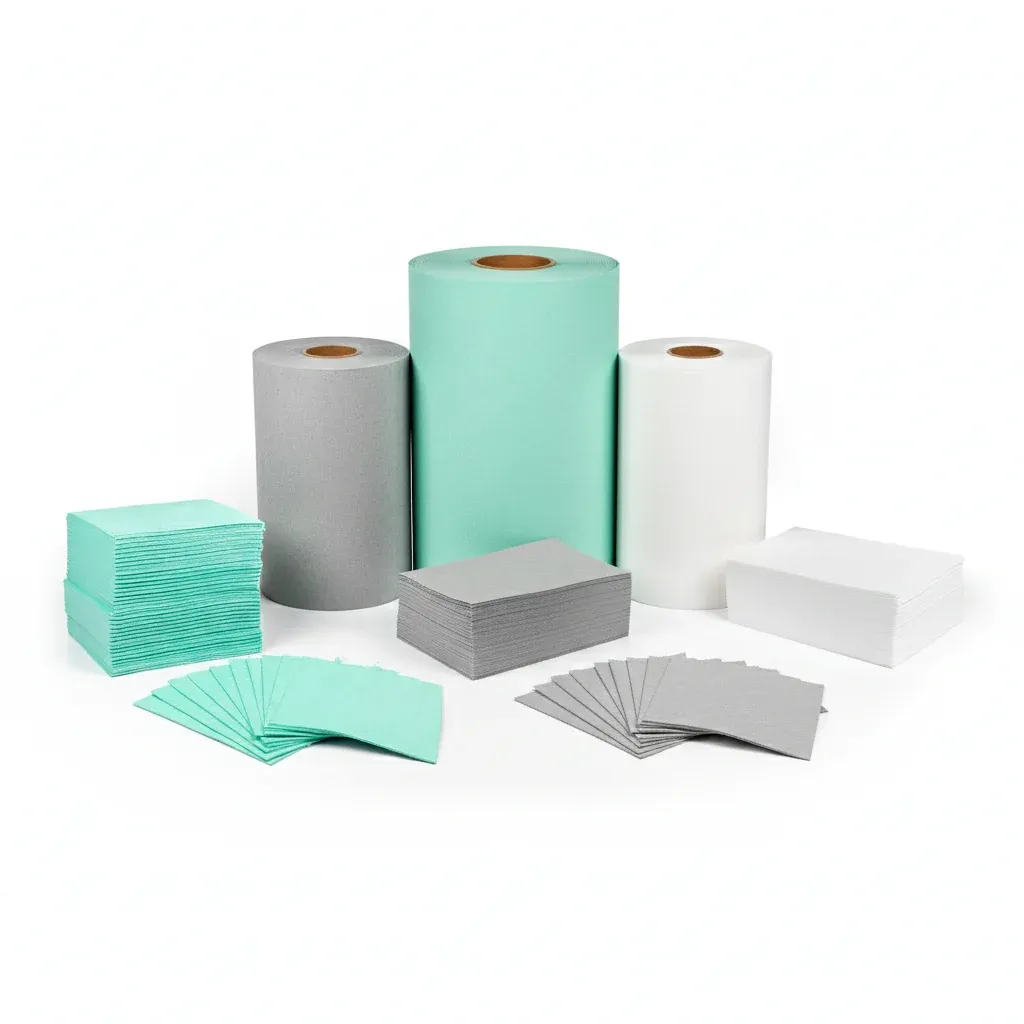Os três rolos absorventes, cinza, verde e branco, com as pilhas de mantas das mesmas cores dispostas à frente