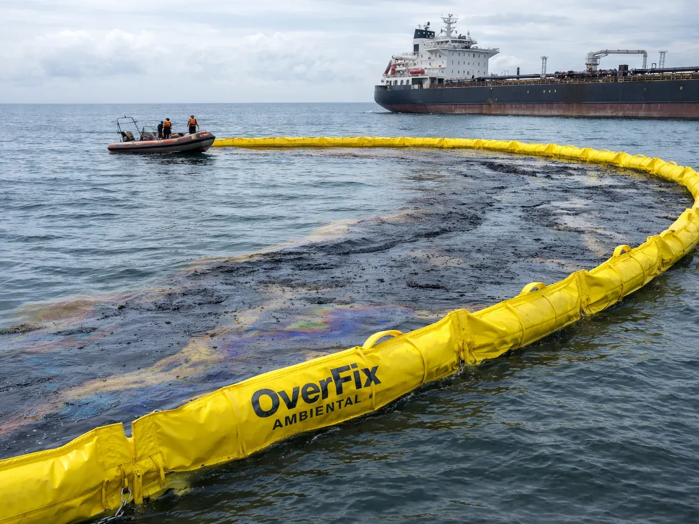 Barreira amarela em curva sobre a água, cercando uma mancha de óleo, com bote de apoio e navio ao fundo