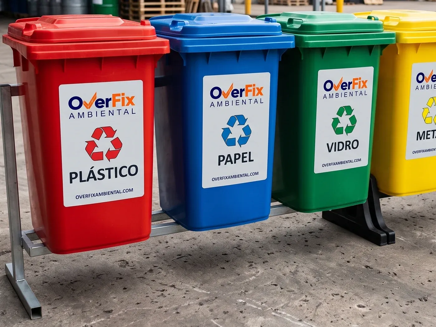 Fila de coletores de resíduo em vermelho, azul, verde e amarelo sobre suporte metálico, identificados para plástico, papel, vidro e metal