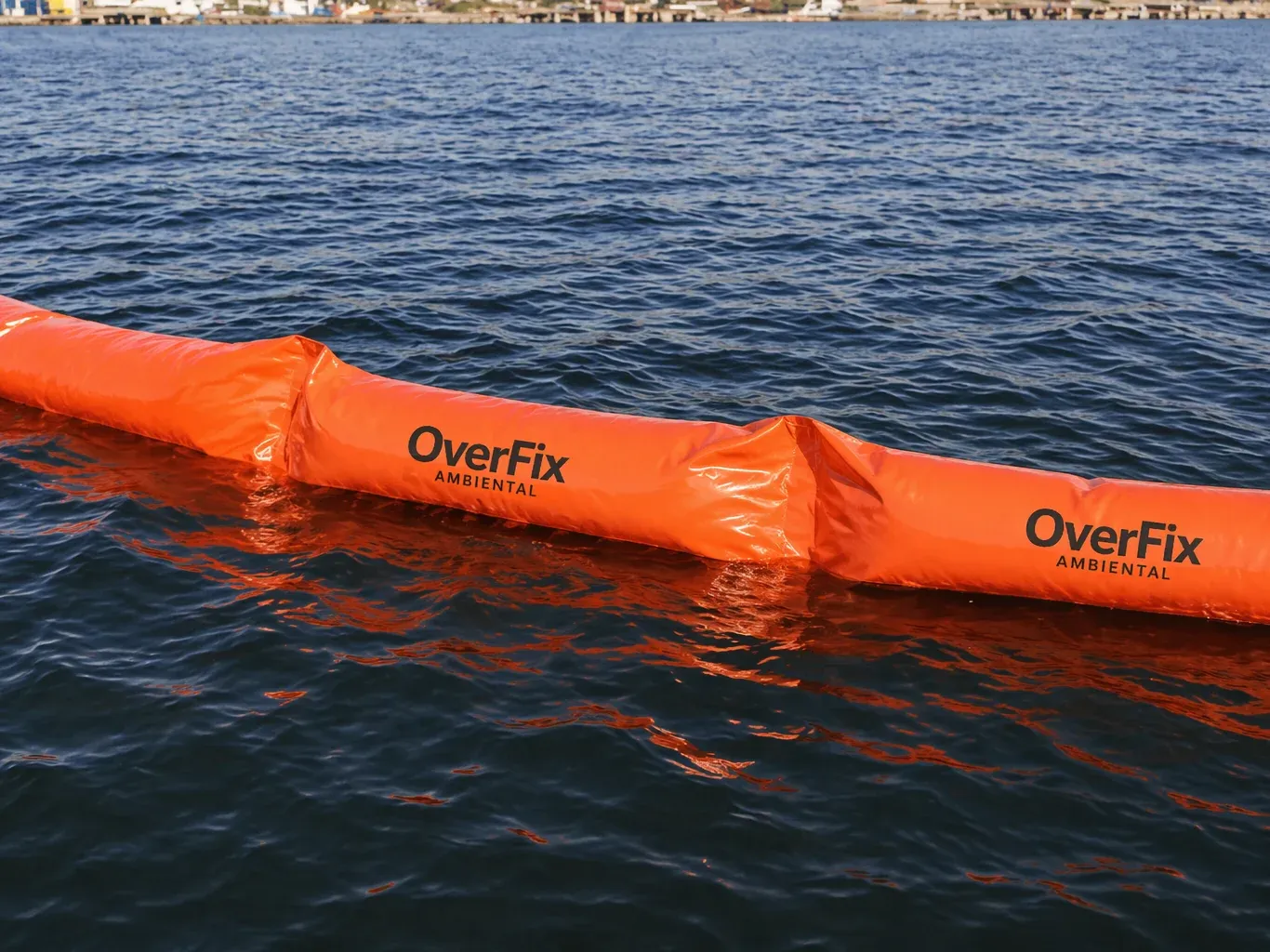Barreira de contenção laranja flutuando esticada em água de porto, com a marca Overfix Ambiental impressa no flutuador