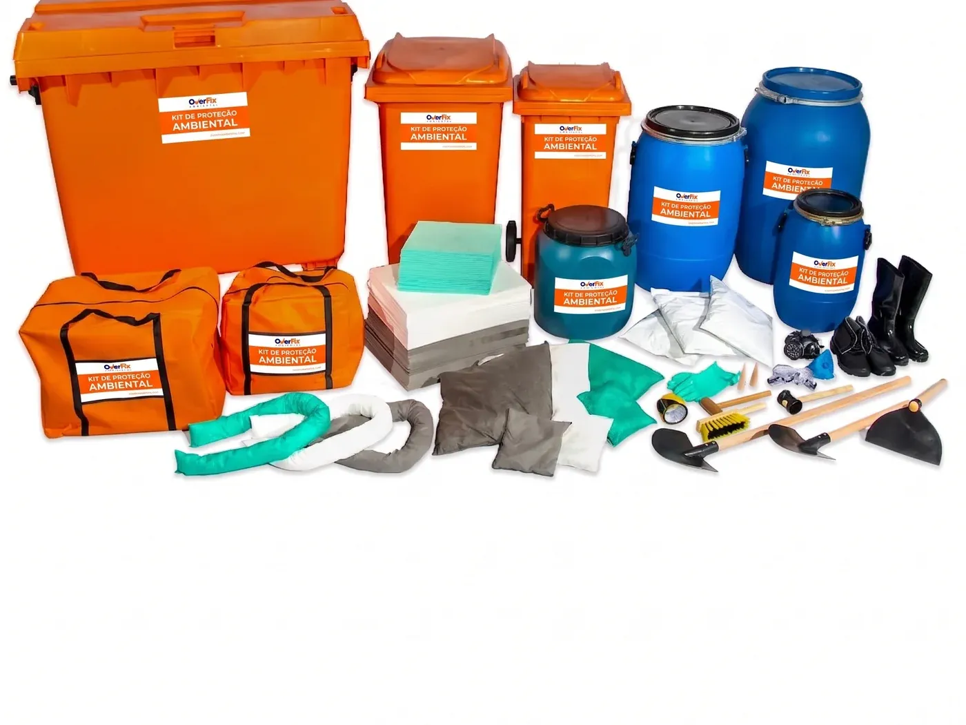 A linha de formatos do kit sobre fundo branco: bolsas, caixas, bombonas e contêiner com rodas, lado a lado