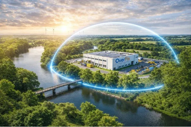 Vista aérea da fábrica da Overfix entre mata e um rio, com um anel de luz azul contornando o terreno
